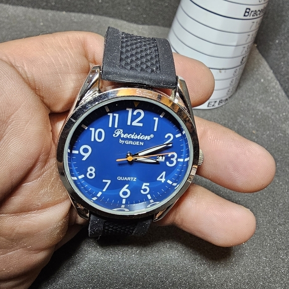 Precision By Gruen Mens Quartz Date Just Watch Working Silver Tone Blue Dial str - Picture 3 of 9